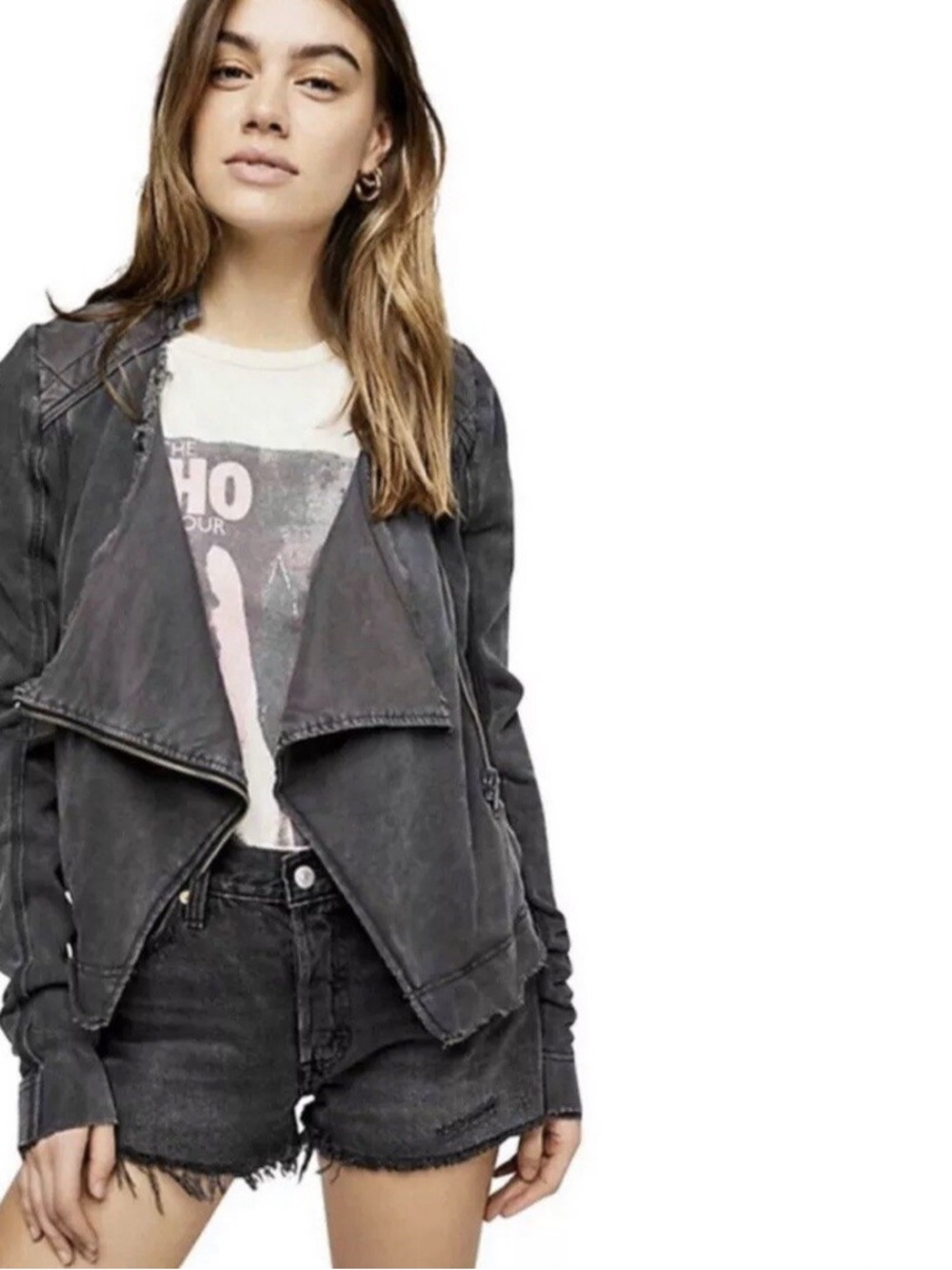 FREE PEOPLE Shrunken Moto Asymmetric Zipper Jacket - Charcoal Gray